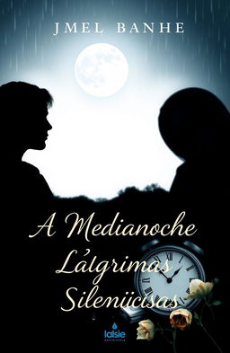 A book cover design for 'A Medianoche, Lágrimas Silenciosas' featuring a bright moon illuminating a white background symbolizing midnight