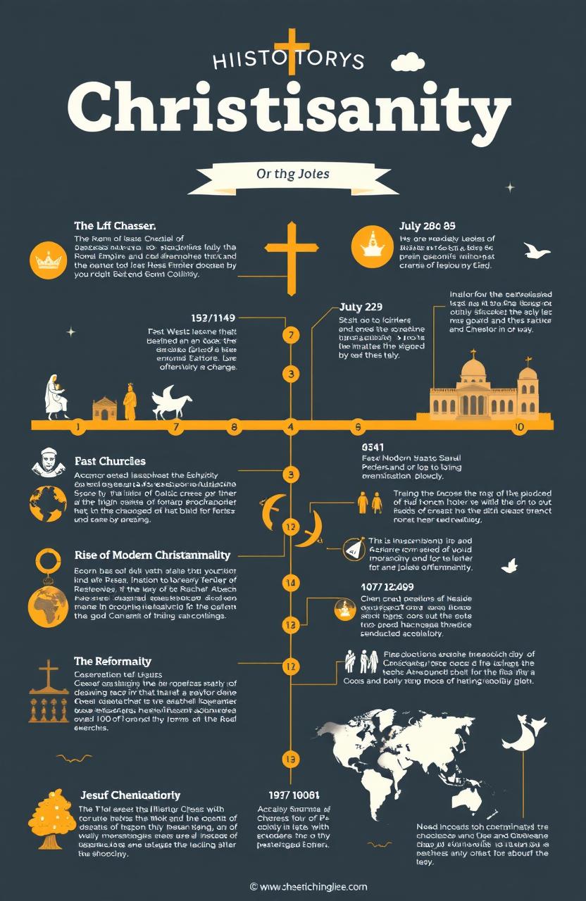 A detailed and visually engaging infographic showcasing the history of Christianity from its origins to modern day