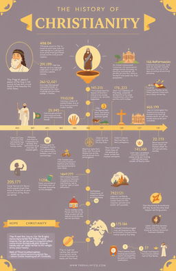 A detailed and visually engaging infographic showcasing the history of Christianity from its origins to modern day