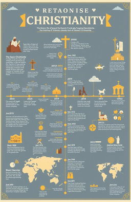 A detailed and visually engaging infographic showcasing the history of Christianity from its origins to modern day