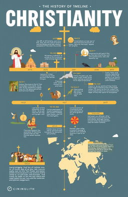 A detailed and visually engaging infographic showcasing the history of Christianity from its origins to modern day