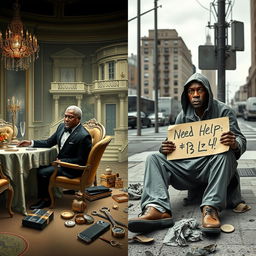 A powerful visual narrative illustrating the transformation from millionaire to impoverished