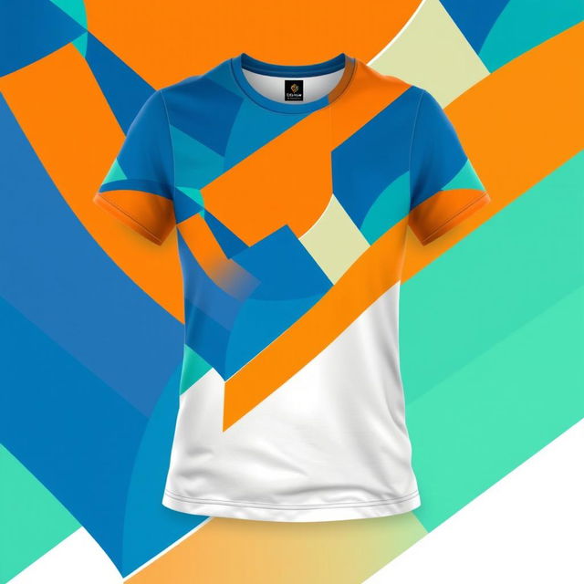 A stylish t-shirt design featuring an abstract geometric pattern with vibrant colors like blue, orange, and green