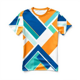 A stylish t-shirt design featuring an abstract geometric pattern with vibrant colors like blue, orange, and green