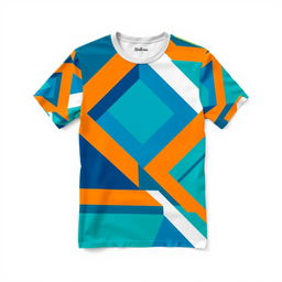 A stylish t-shirt design featuring an abstract geometric pattern with vibrant colors like blue, orange, and green