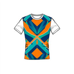 A stylish t-shirt design featuring an abstract geometric pattern with vibrant colors like blue, orange, and green