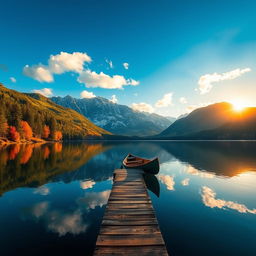 A serene landscape view featuring a pristine lake surrounded by majestic mountains under a clear blue sky, with fluffy white clouds floating above