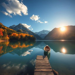 A serene landscape view featuring a pristine lake surrounded by majestic mountains under a clear blue sky, with fluffy white clouds floating above