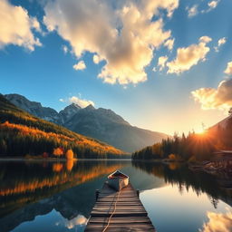 A serene landscape view featuring a pristine lake surrounded by majestic mountains under a clear blue sky, with fluffy white clouds floating above