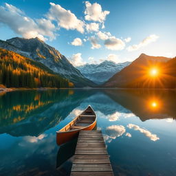 A serene landscape view featuring a pristine lake surrounded by majestic mountains under a clear blue sky, with fluffy white clouds floating above