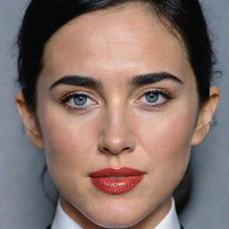 Generate an image of Jennifer Connelly's face, maintaining her characteristic features and expressions, set on a child's body.