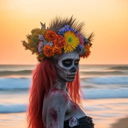 A zombie adorned with a vibrant floral headpiece, standing on a beach with the golden hue of sunrise lighting the background.