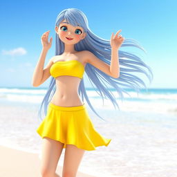 3D model of a girl with long blue hair wearing a two-piece yellow swimsuit, featuring an off-shoulder top and a bottom that resembles a skirt