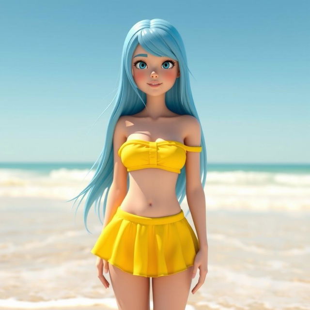 3D model of a girl with long blue hair wearing a two-piece yellow swimsuit, featuring an off-shoulder top and a bottom that resembles a skirt