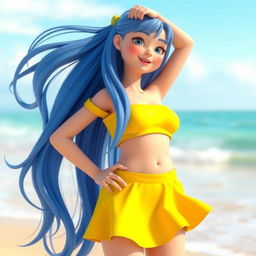 3D model of a girl with long blue hair wearing a two-piece yellow swimsuit, featuring an off-shoulder top and a bottom that resembles a skirt