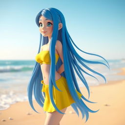 3D model of a girl with long blue hair wearing a two-piece yellow swimsuit, featuring an off-shoulder top and a bottom that resembles a skirt