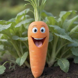 An anthropomorphized carrot with a large joyful smile and bright, sparkling eyes. Its vibrant orange skin radiates happiness against an idyllic garden backdrop.