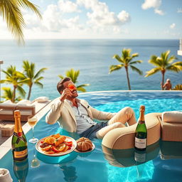 A vibrant scene depicting a millionaire enjoying his wealth in a lavish setting