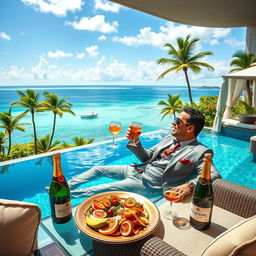 A vibrant scene depicting a millionaire enjoying his wealth in a lavish setting