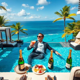 A vibrant scene depicting a millionaire enjoying his wealth in a lavish setting