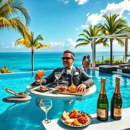 A vibrant scene depicting a millionaire enjoying his wealth in a lavish setting