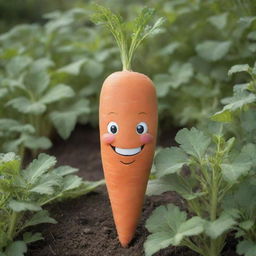 An anthropomorphized carrot with a large joyful smile and bright, sparkling eyes. Its vibrant orange skin radiates happiness against an idyllic garden backdrop.