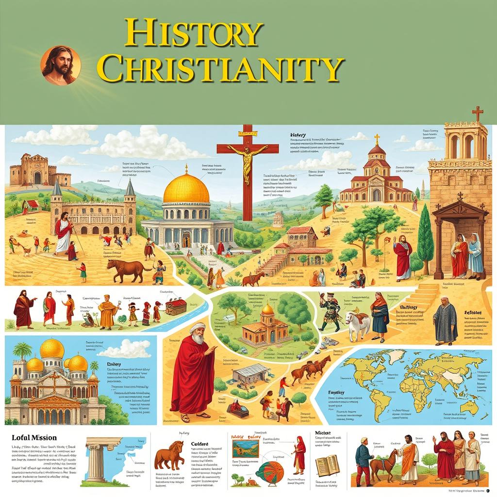 A detailed and artistic representation of the history of Christianity, illustrating key events and figures