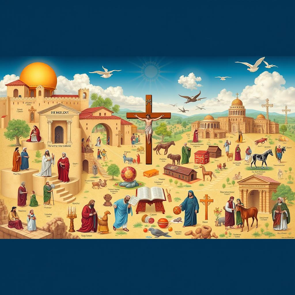 A detailed and artistic representation of the history of Christianity, illustrating key events and figures