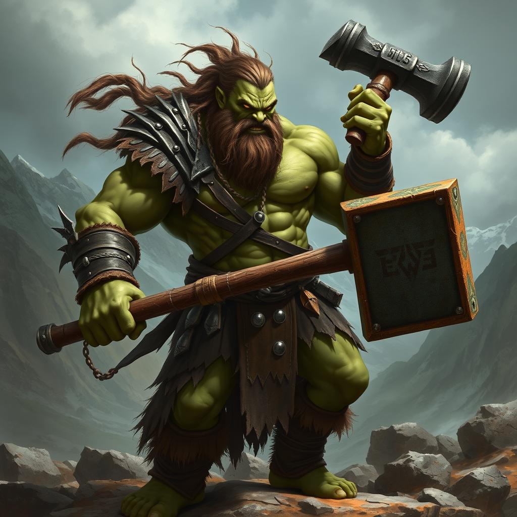 A powerful half-orc barbarian, muscular and imposing, with greenish skin and fierce yellow eyes, standing in a rugged landscape