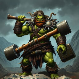 A powerful half-orc barbarian, muscular and imposing, with greenish skin and fierce yellow eyes, standing in a rugged landscape