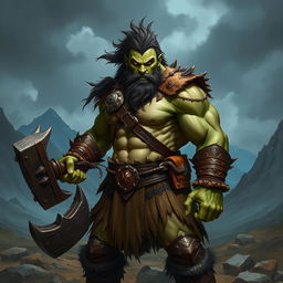 A powerful half-orc barbarian, muscular and imposing, with greenish skin and fierce yellow eyes, standing in a rugged landscape