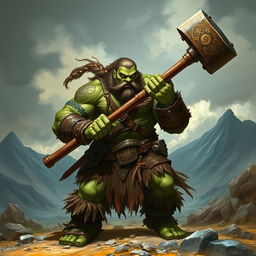 A powerful half-orc barbarian, muscular and imposing, with greenish skin and fierce yellow eyes, standing in a rugged landscape