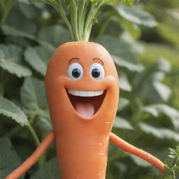 An anthropomorphized carrot with a large joyful smile and bright, sparkling eyes. Its vibrant orange skin radiates happiness against an idyllic garden backdrop.