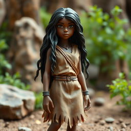 A stop motion model of a prehistoric girl with dark skin and long black hair