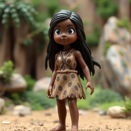 A stop motion model of a prehistoric girl with dark skin and long black hair