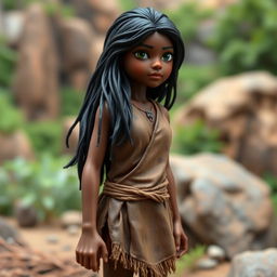 A stop motion model of a prehistoric girl with dark skin and long black hair