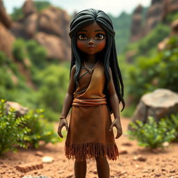 A stop motion model of a prehistoric girl with dark skin and long black hair