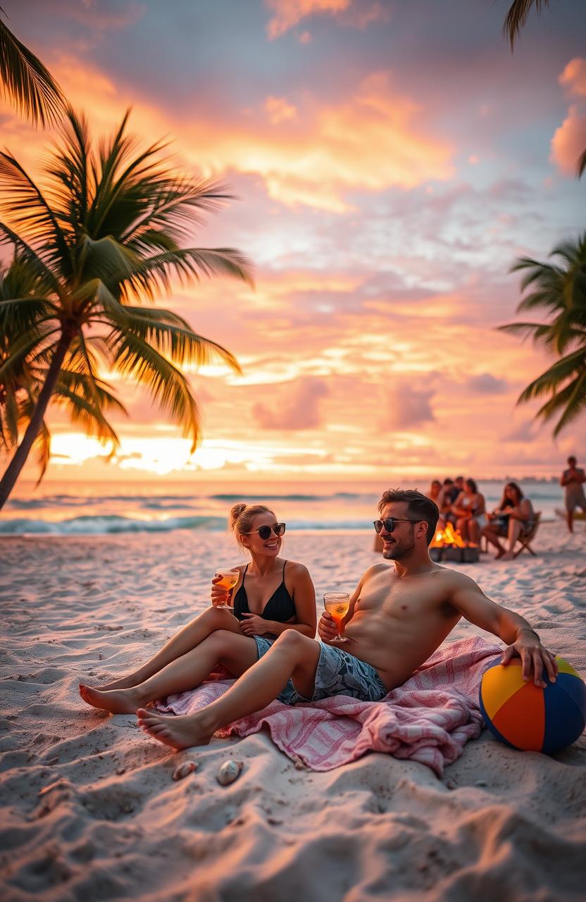 A lush tropical beach at sunset, with vibrant orange and purple hues in the sky