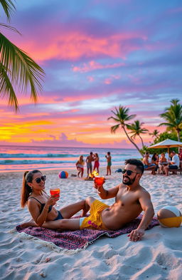 A lush tropical beach at sunset, with vibrant orange and purple hues in the sky