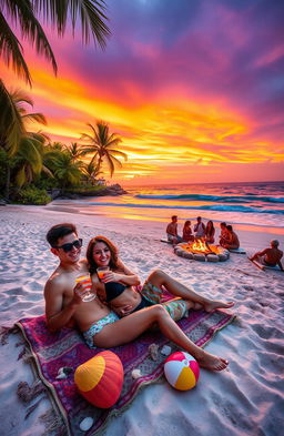 A lush tropical beach at sunset, with vibrant orange and purple hues in the sky