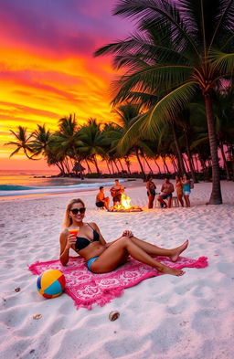 A lush tropical beach at sunset, with vibrant orange and purple hues in the sky