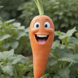 An anthropomorphized carrot with a large joyful smile and bright, sparkling eyes. Its vibrant orange skin radiates happiness against an idyllic garden backdrop.