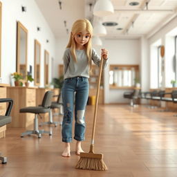 A 3D model of an 18-year-old girl sweeping a salon with a broom