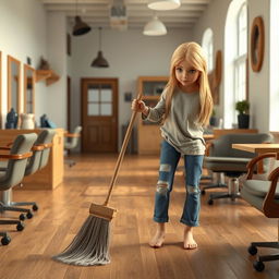 A 3D model of an 18-year-old girl sweeping a salon with a broom