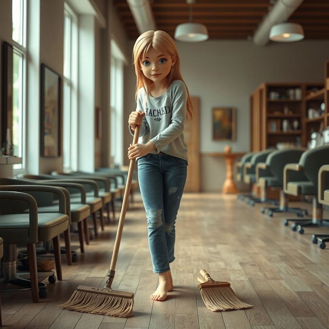 A 3D model of an 18-year-old girl sweeping a salon with a broom