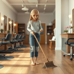 A 3D model of an 18-year-old girl sweeping a salon with a broom