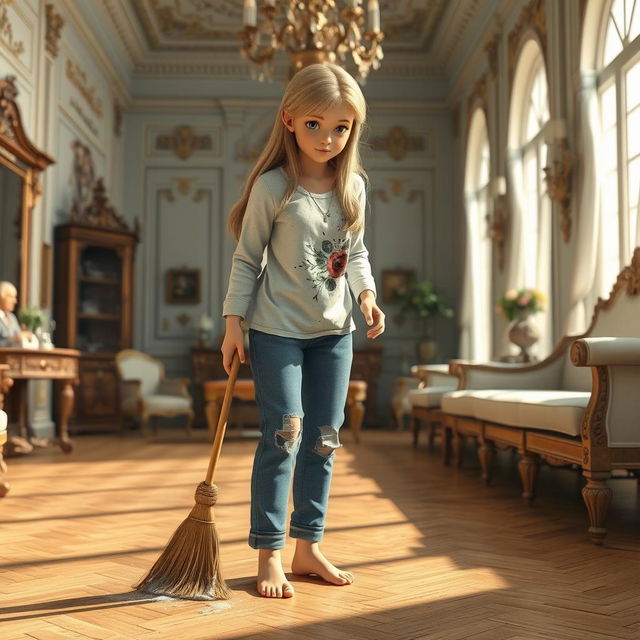 A detailed 3D model of an 18-year-old girl cleaning a vintage villa salon