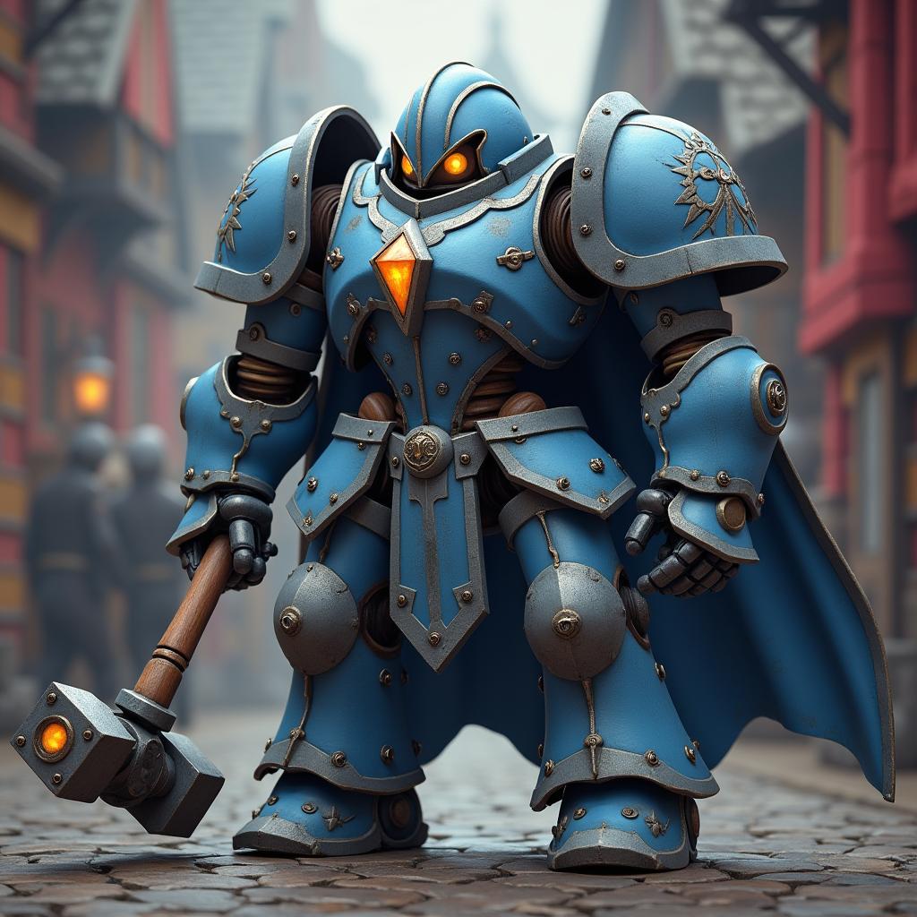 A medieval fantasy knight anime robot, slightly larger than a human, featuring striking blue-grey metal armor with sleek grey trim, complemented by wooden joints that provide a unique aesthetic