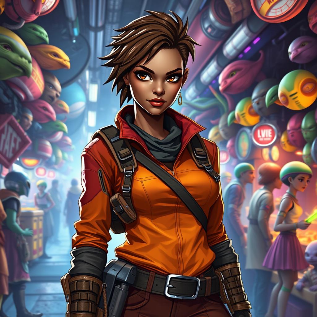 A female Balosar smuggler with brown skin, dressed in vibrant and rugged attire suitable for a space adventure