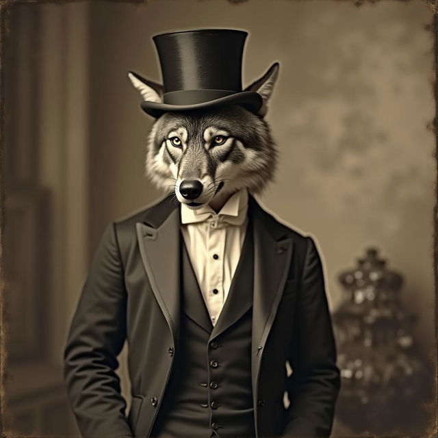 A vintage antique photograph depicting an aristocratic werewolf dressed in an exquisite fine suit with a tall tophat